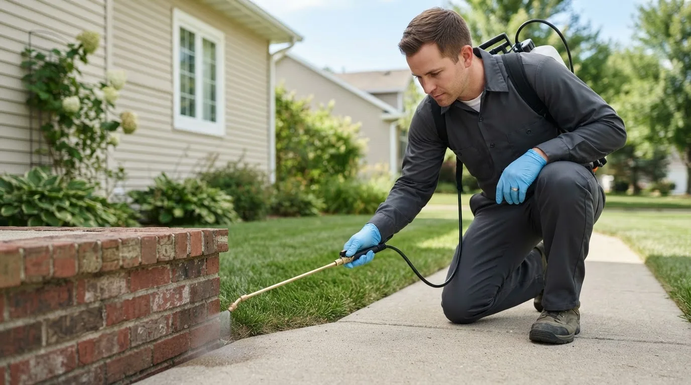 Pest control technician treating a home near Plessis, NY