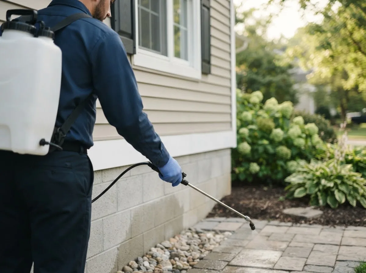 Pest control technician inspecting a home in Plessis, NY